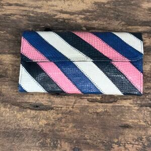 Kane-M Vintage Snakeskin Patchwork Long Wallet Navy Pink White Stripe